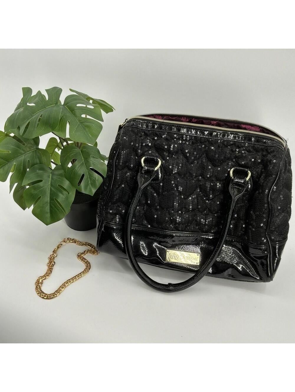 Betsey Johnson Black Sequin Quilted Hearts Satchel Purse